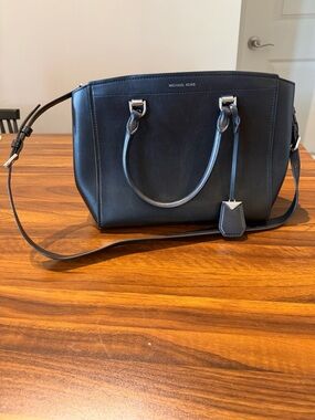 Michael Kors Navy Black Leather Satchel with Crossbody Strap